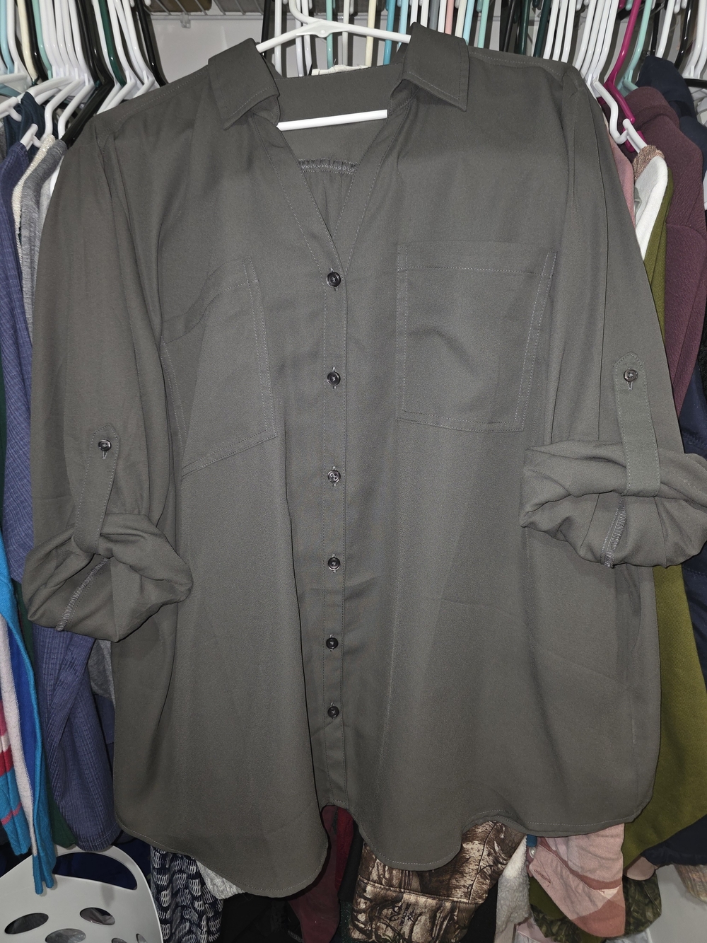 Maurices Olive Green Button-Front Roll-Sleeve Shirt